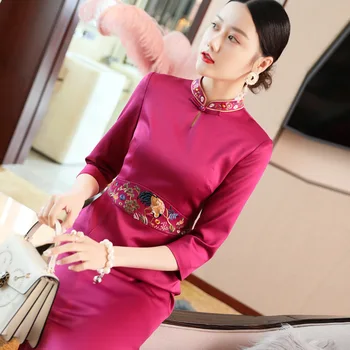 

New 2020 Spring Womens Dress Retro Chinese-Style Embroidered Formal Long Dress Female Oversize Elegant Silk Cheongsam Full Dress