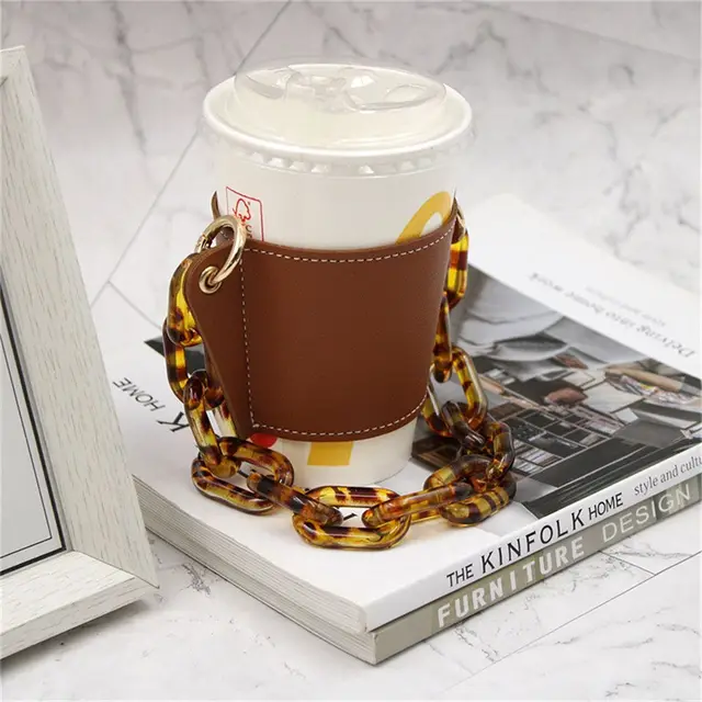 Reusable with Chain Travel Eco-friendly Drink Case Bag Coffee Sleeve Bottle  Cover PU Leather Cup Holder - AliExpress