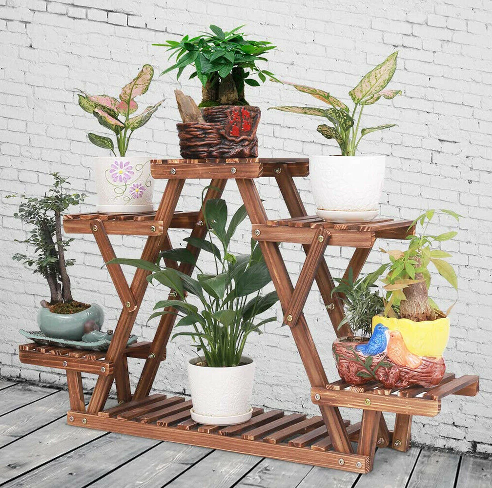 6 Tiered Wood Plant Stand Indoor Outdoor Carbonized Triangle Corner Plant Rack 3