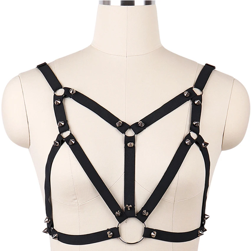 Rivet Black Goth Harness Sexy Lingerie Bra Punk Body Harness Woman Fetish Cage Bra Festival Rave Clothes Bondage Body Cage