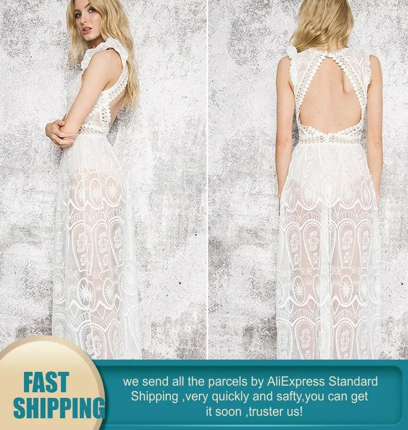 Платье женское длинное кружевное с открытой спинкой летнее Пляжное регулируемой