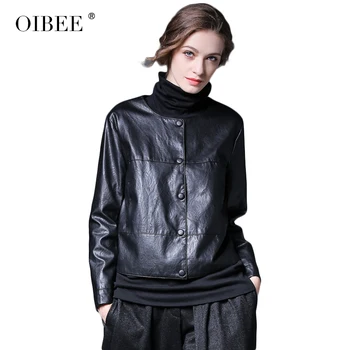 

Oibee2019 spring new loose casual long-sleeved round neck black PU leather women's slim short coat female autumn