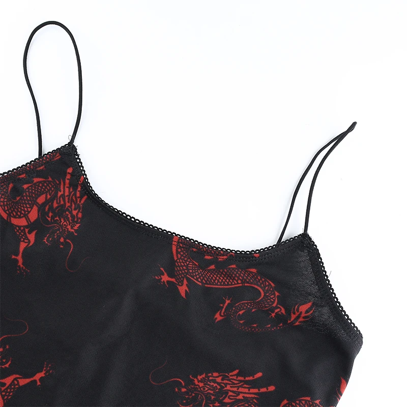 Darlingaga Chinese Style Dragon Print Summer Two Piece Set Women Mesh Sexy Matching Sets Strap Crop Top and Mini Skirt Suit 2020