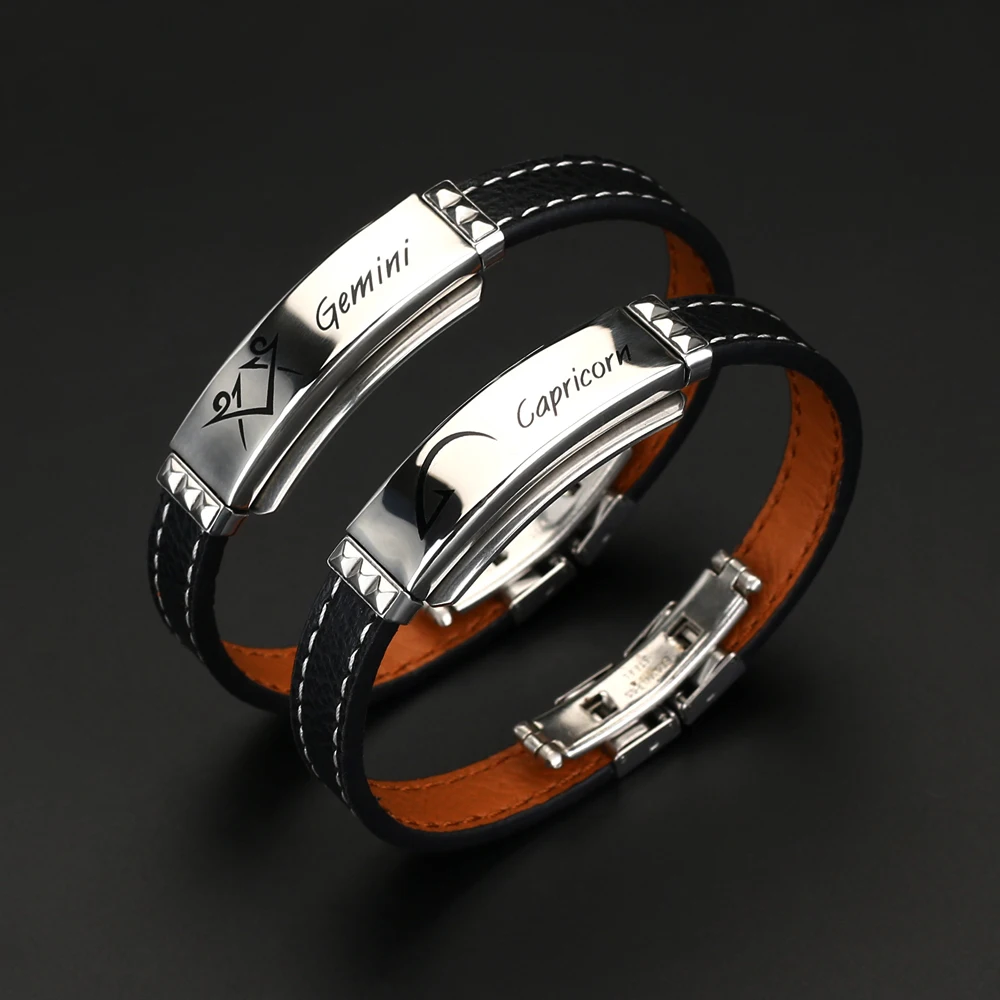 12 Constellations Cuff Bracelet 2021 Fashion Charm Jewelry Black Leather Stainless Steel Men Casual Zodiac Signs Punk | Украшения и