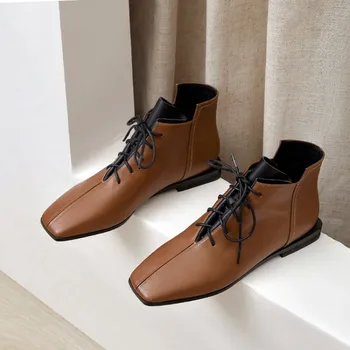 

MLJUESE 2020 women ankle boots cow leather square toe lace up winter short plush low heels women boots party dress wedding