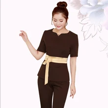 Летняя футболка с короткими рукавами Красота спа салон женской моды рабочая одежда отель официант Рабочая одежда Униформа для сотрудниц спа-салонов Сауна ванны для ног униформы