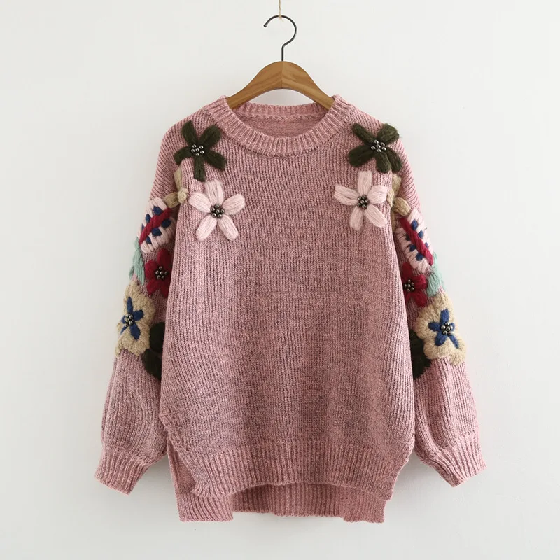Pink sweater Корейский Женский Повседневный вязаный свитер, винтажный пуловер с цветочной вышивкой и длинными рукавами, свободный женский джемпер с круглым вырезом - Цвет: Pink sweater