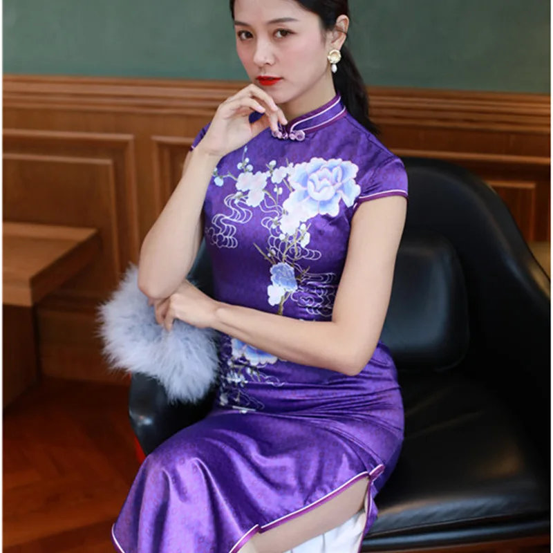 

spring And Summer New Elegent Women Short Sleeve Dresses Simulation Silk Printing Long Dress Large Size Lady Cheongsam