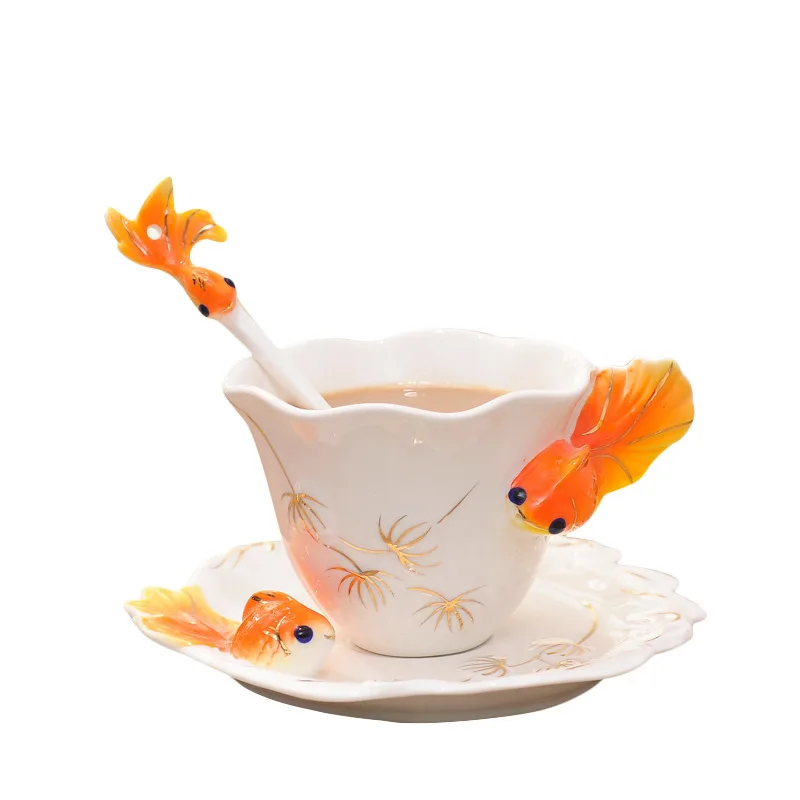 

Creative Beautifully 3D goldfish enamel Coffee Mug with spoon dish,Colored ceramics porcelain Mug with saucers and teaspoons
