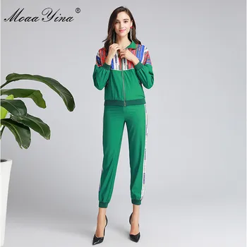

MoaaYina Fashion Designer Set Spring Autumn Women Long sleeve Zipper jacket Tops+Trousers Casual Motion Two-piece set