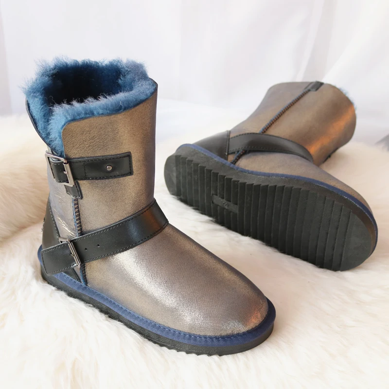 G& Zaco/Роскошные зимние ботинки из овечьей кожи; ботинки на овечьем меху; женские шерстяные ботинки; женские ботинки до середины икры из натуральной овечьей кожи с пряжкой