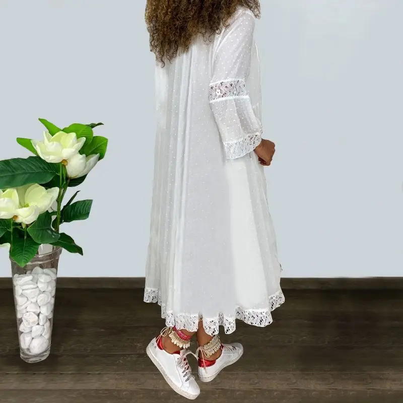 Summer Dress Women Vintage Lace White Dress VONDA Female Beach Sundress Casual 3/4 Flare Sleeve Loose Party Vestido S-5XL