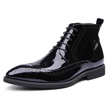 

Fashion Mens Ankle Boots Genuine Leather Brogue Chelsea Boots Black Pointed Toe Patent Leather Men Dress Boots Shoes