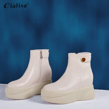 

CIALISA Women Sheos Genuine Leather Wedge Round Toe HIgh Heel Ankle Boot 2020 Fashion Zipper Metal Decoration Platform Boot