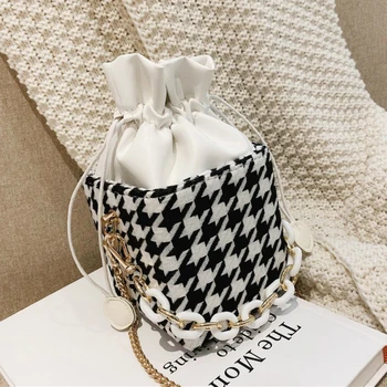 

Fashion Houndstooth WOOL Chain Shoulder Bag Bucket Bag Luxury Handbags Women Bags Designer SAC a Main Crossbody Bags for Women