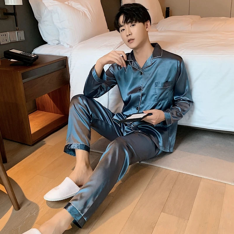 GRMO Men Satin Long Sleeve Button Up Homewear Nightwear Pajama Sets 
