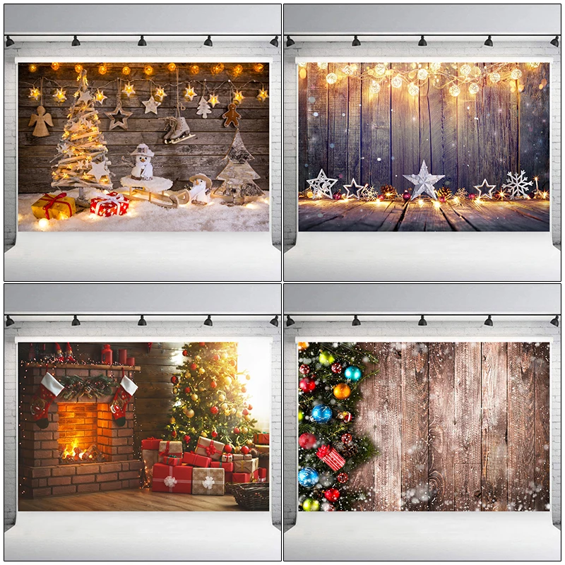 Christmas Style Photography Background Christmas Decoration Tree Retro Vintage Wooden Wall Fireplace Christmas Backdrops Prop