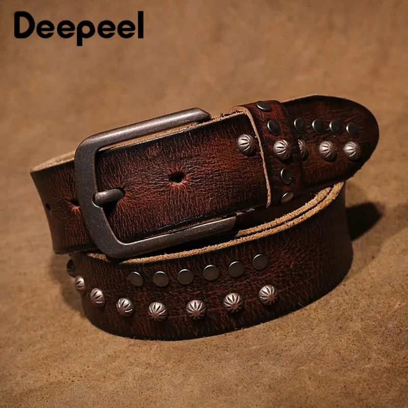 Coffee Deepeel 1 шт. 3,8 см* 105-125 см мужской ремень с заклепками в стиле ретро замшевый кожаный ремень с пряжкой прошитый вручную мужской ремень с джинсами YK679 - Цвет: Coffee