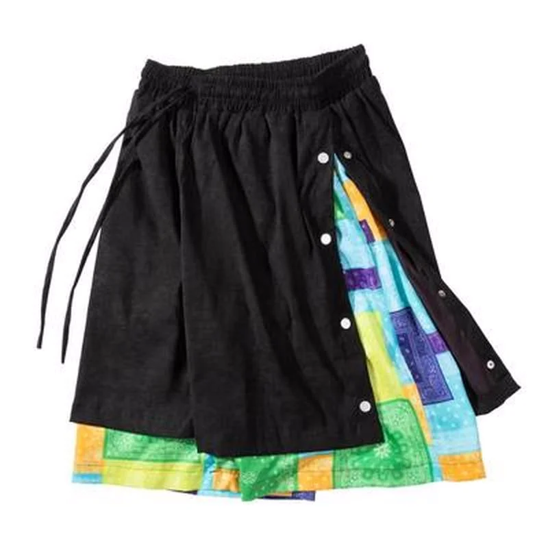 Men Side Buttons Patchwork Harajuku Straight Shorts New Elastic Waist Short Pants Joggers Hip Hop Streetwear Casual Sweatshorts