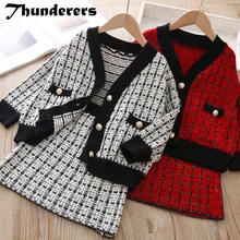 Thunderers/весенне-осенний детский комплект одежды для девочек; элегантный детский вязаный комплект из 2 предметов; кардиган с длинными рукавами и короткая юбка