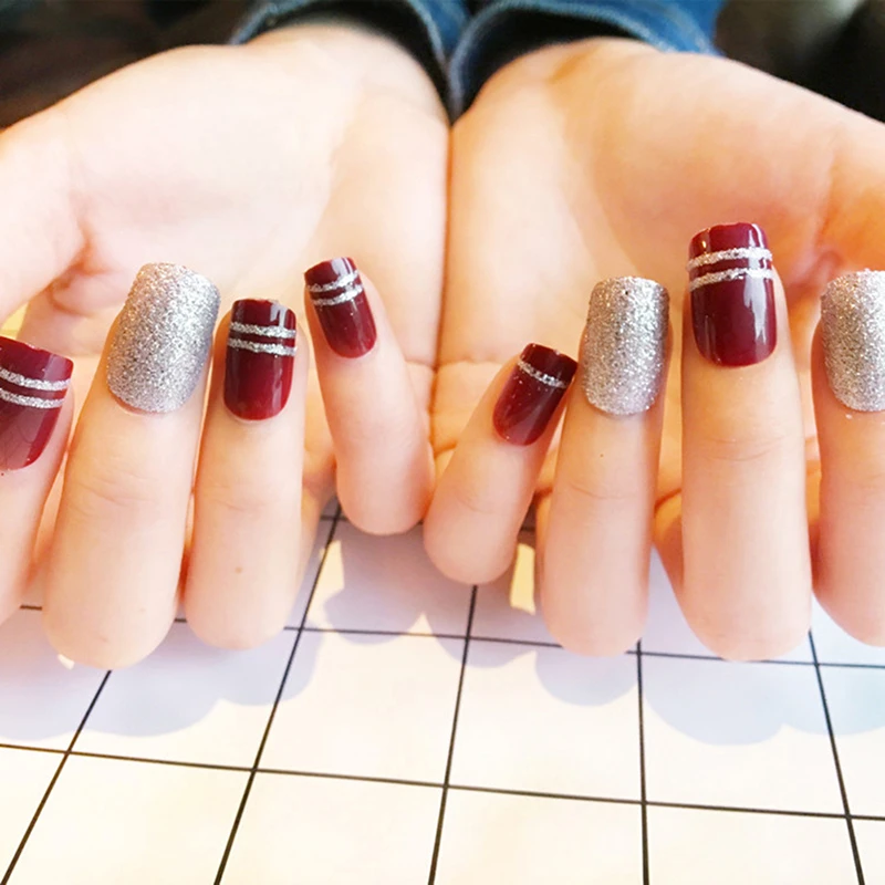 Short Wine Red Nail Art Short False Nails With Golden Glitter Champagne Wedding Nail Tip Full Nail Polish False Nails Aliexpress