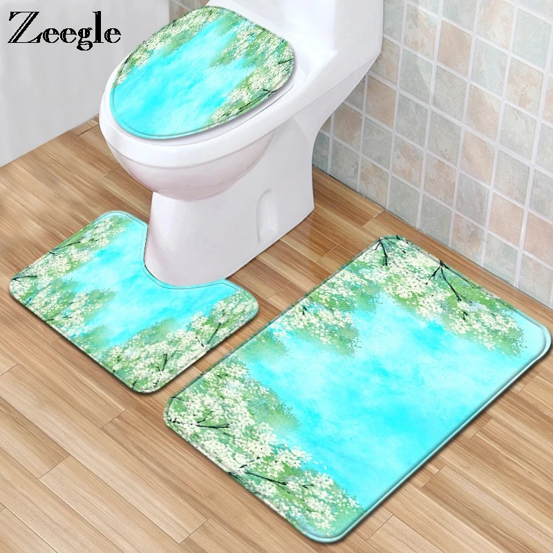 Zeegle 3pcs Bath Mat Set Anti Slip Toilet Pedestal Rug Absorbent Bathroom Doormat Shower Mat Flannel Soft Toilet Cover Seat Mat