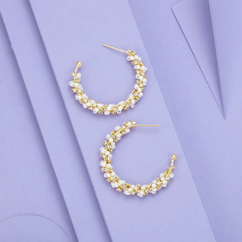 

2021 New Boho Hoop Drop Earrings for Women 14K Gold Plated Knotted Semi-pearls Charm Earring Fashion Minimalist Studs Wholesale