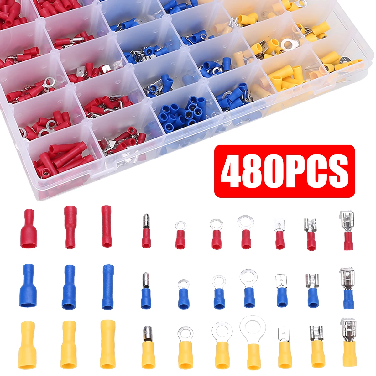 

480pcs Male Female Cable Lugs Crimp Insulated Spade Joint Connectors Crimp Terminals Flat Plug Assortment Kit