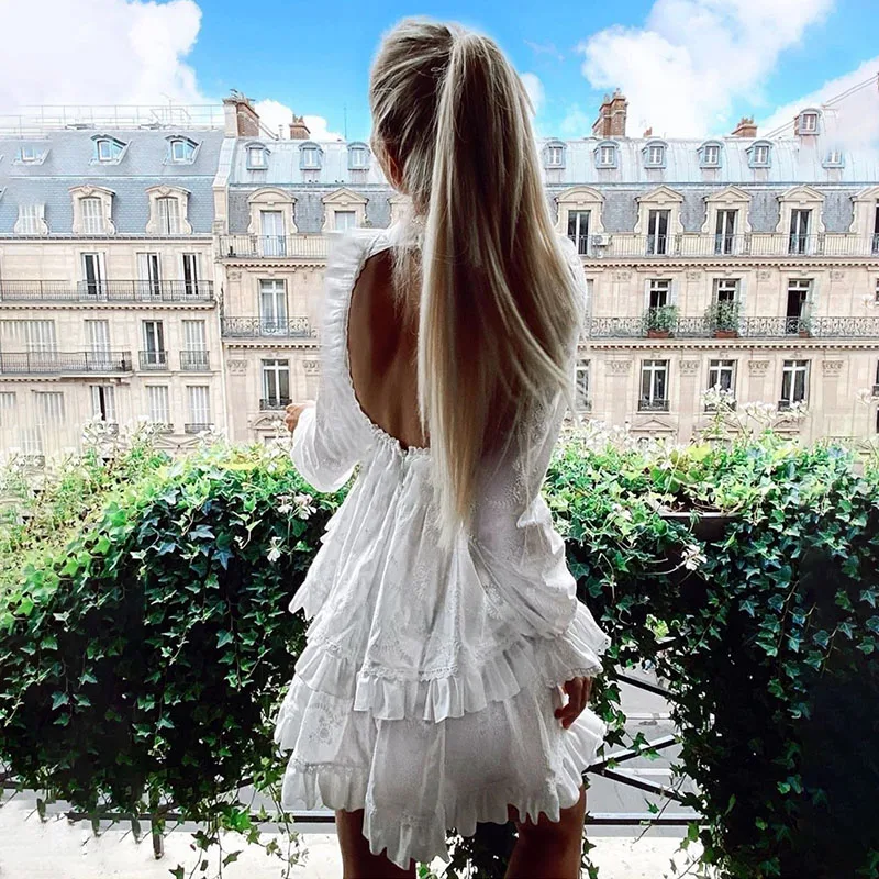 white lace backless dress
