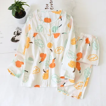 

Pure Cotton Pajamas with Chest Pad Thin Loose and Comfortable Long-sleeved Trousers Pyjama Set Lattice Button Cardigan Sleepwear