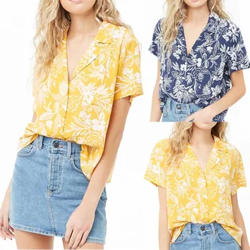 

Womens Short Sleeve Loose Print Blouse Casual Tops Ladies V-neck Button-up Shirt