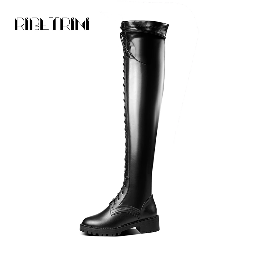 

RIBETRINI 2020 Spring New 33-50 Female Elegant Over Knee Shoes Woman Fashion lace-up Thigh High Boots Women Med Heel Boots