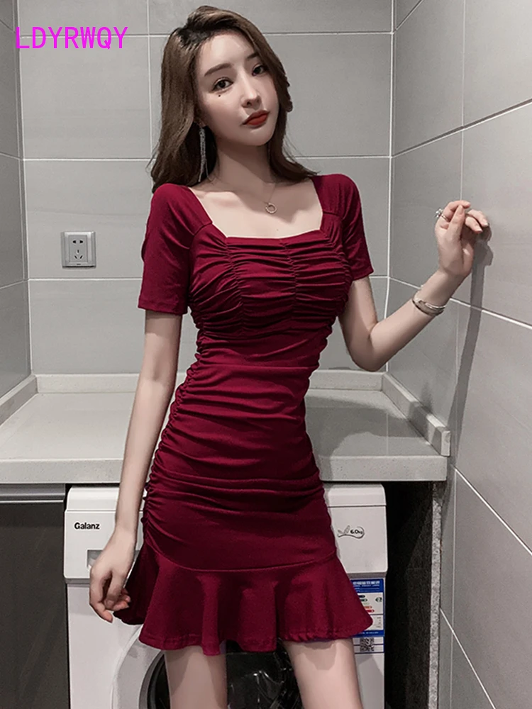 

2020 new irregular ruffled high waist skinny bag hip sexy fishtail dress Sheath Office Lady