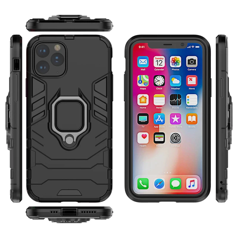 50 шт Броня противоударный Прочный ПК+ Мягкий силиконовый чехол для iPhone 11 Pro Max XS XR X 8 7 6 6S Plus чехол с держателем кольцо полное покрытие