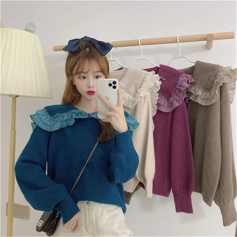 

Japanese Sweet Knitted Sweater Pullovers Women Loose Sweet Lace Turn-Down Collar Sweaters Ladies Winter Cute Vintage Korean Top