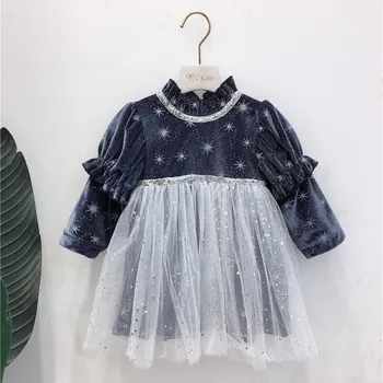 

kids dresses Autumn winter girls dress small star pattern velvet stitching long-sleeved dress