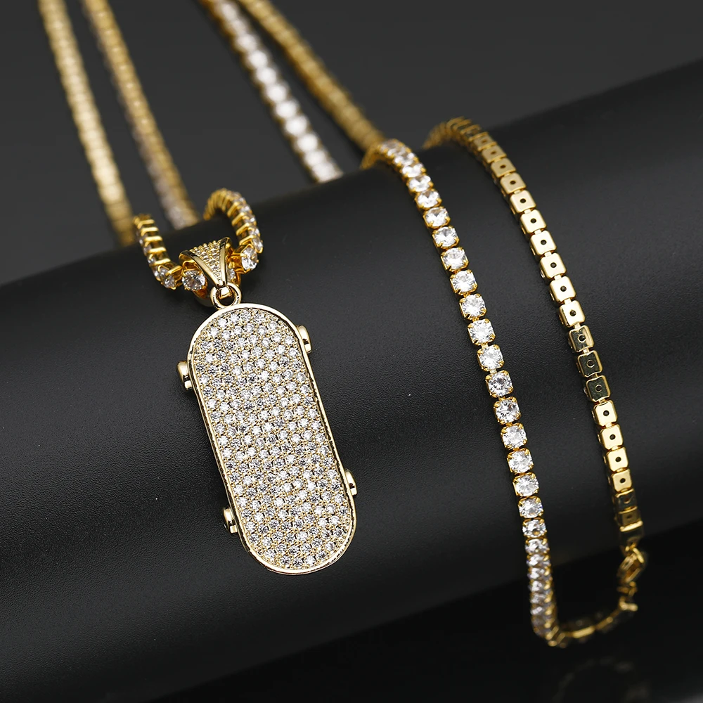 

Hip Hop Skateboard Pendant Iced Out Micro Pave Copper zircon Necklaces Gold Color Copper Cuban Link Necklaces Gifts