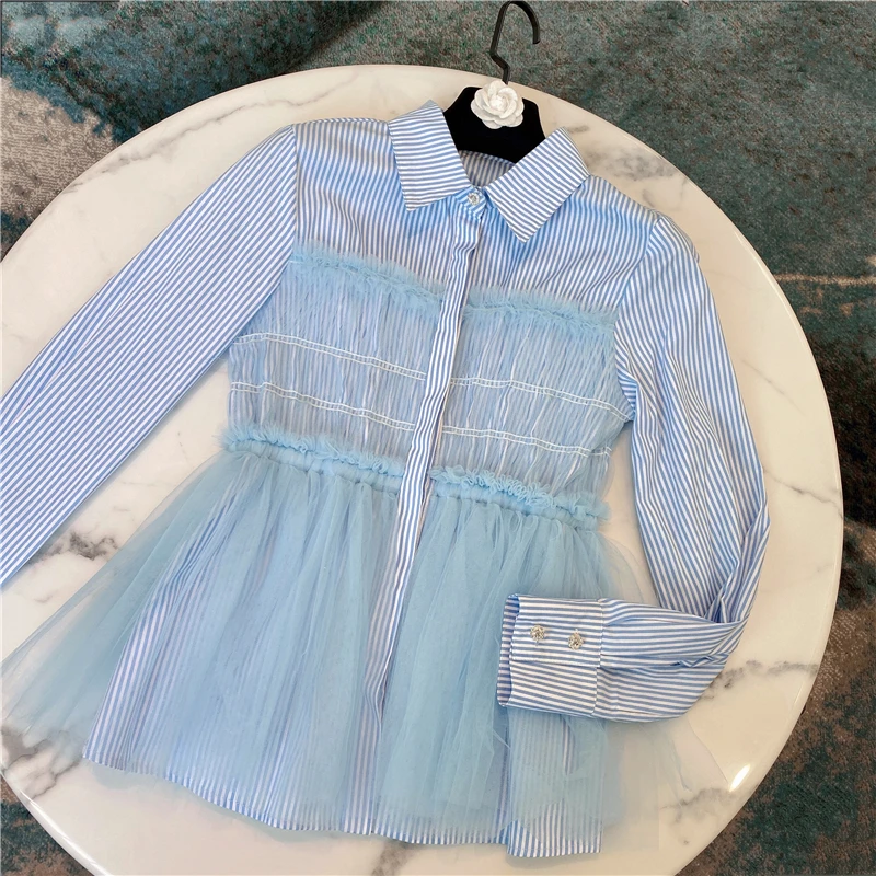 

Stripe Blouse Women 2020 Spring Summer New Single Breasted Striped Mesh Stitching Shirt Women Tops Blouses Blusas White Black