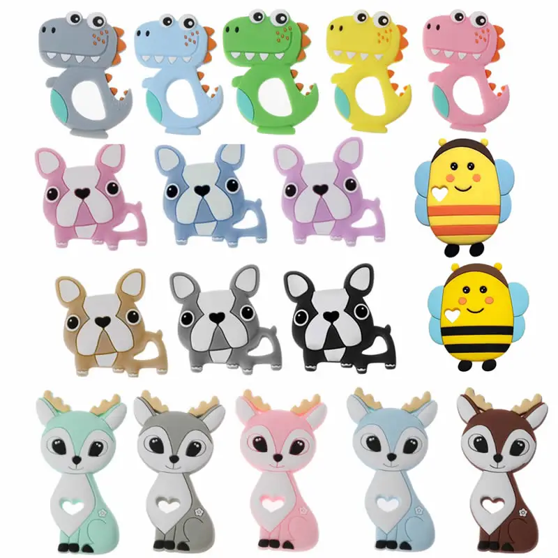 

1PC Sika Deer/Dog /Dinosaur/bee Silicone Teether Cartoon Animal DIY Pacifier Clip Chain BPA Elk Baby Teether