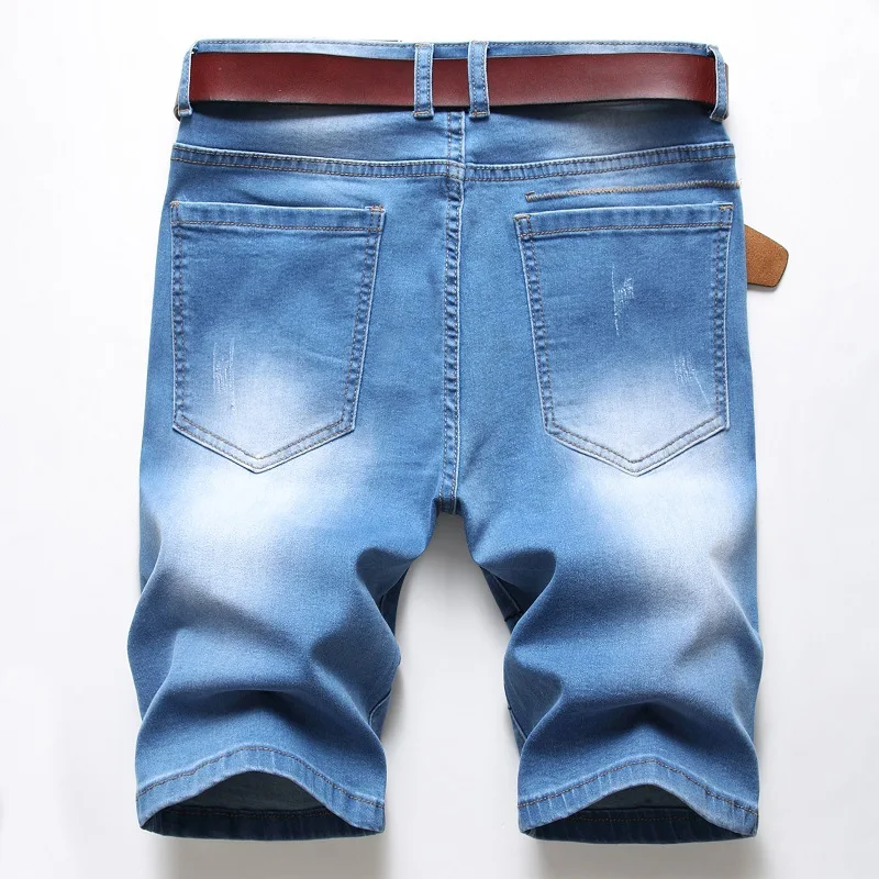 Summer New Blue Denim Shorts Mens Hole Pockets Straight Korean Vintage Large Size Casual Concise Knee Length Shorts 28-42 smart casual shorts