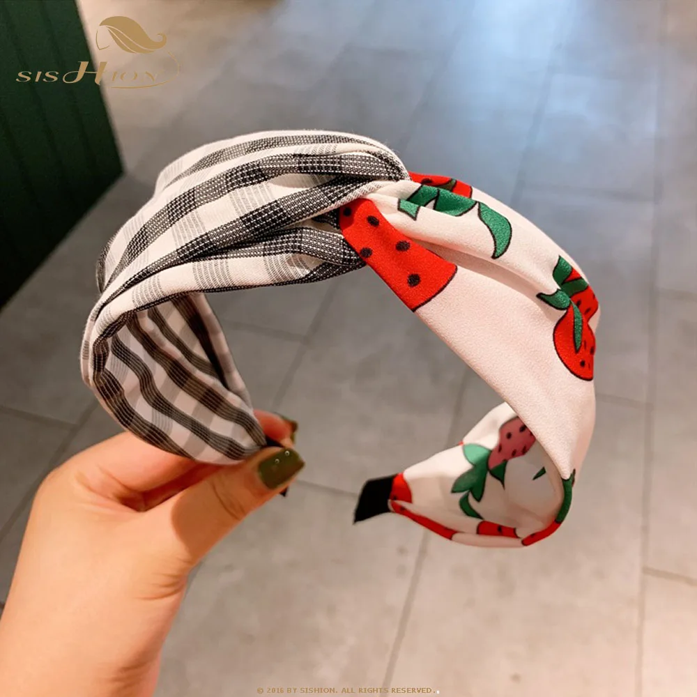 SISHION Новая Винтажная повязка на голову с перекрестными узорами для женщин QY0303 Лоскутная Клубничная печать широкий обруч для волос аксессуары