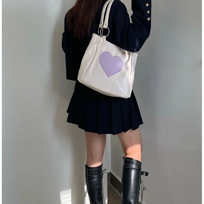 Xiuya Harajuku Kawaii Shoulder Bag Women Japanese Cute Heart Lolita Tote Bag Ladies Handbags 2022 Big Shopper With Zipper