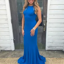 Mermaid Prom Dress Bateau Sweep Train Royal Blue Stretch Satin Sleeveless Prom Dress