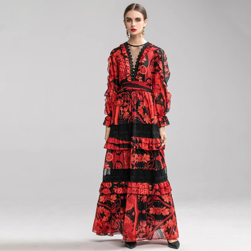 Red AELESEEN, дизайн, высокое качество, платья для вечеринок, женские, элегантные, с оборками, роскошное, кружевное, соединенное, сексуальное, Сетчатое, с эластичной талией, макси платье - Цвет: Red