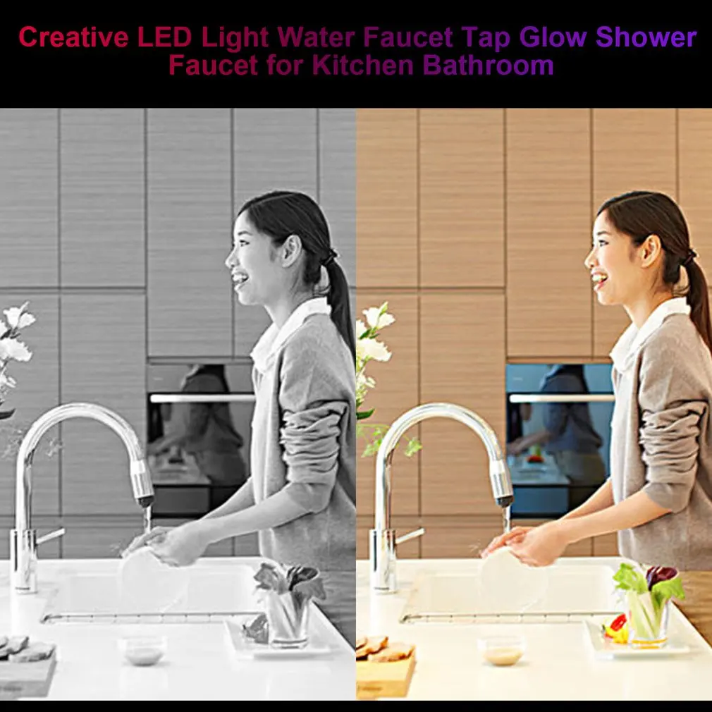 LED Temperature Sensitive 3-Color Light-up Faucet Kitchen Bathroom Glow Water Saving Faucet Aerator Tap Nozzle Shower LED Faucet