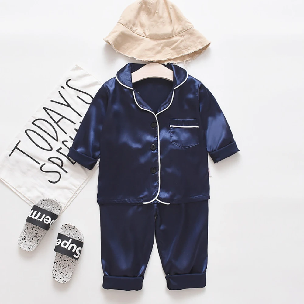 

Kids Pajama Sets Spring Autumn Soft Silk Satin Pajamas Baby Boys Girls Long Sleeve Blouse Tops+Pants 2Pcs Sleepwears 2023 New