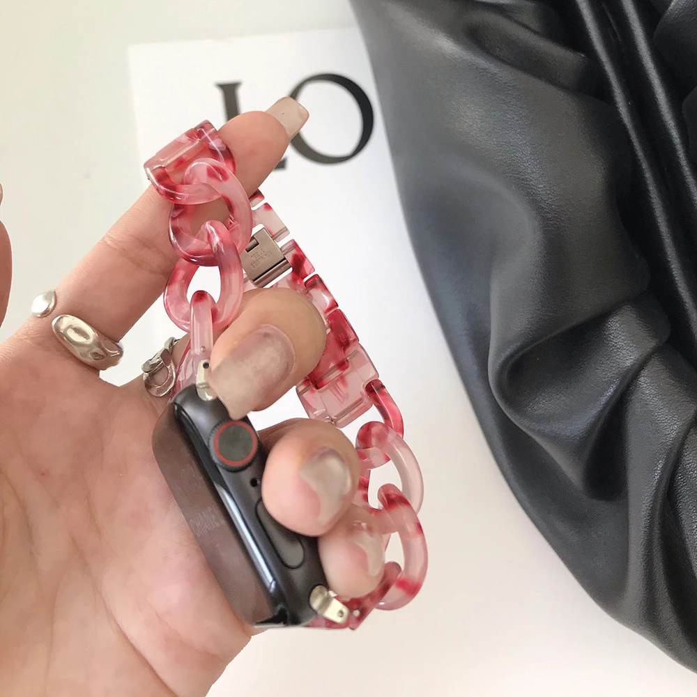 Resin Watch strap for apple watch 6 5 4 band 42mm 38mm correa transparent steel  watchband 44mm 40mm for iwatch 6 series 5 4 3/2