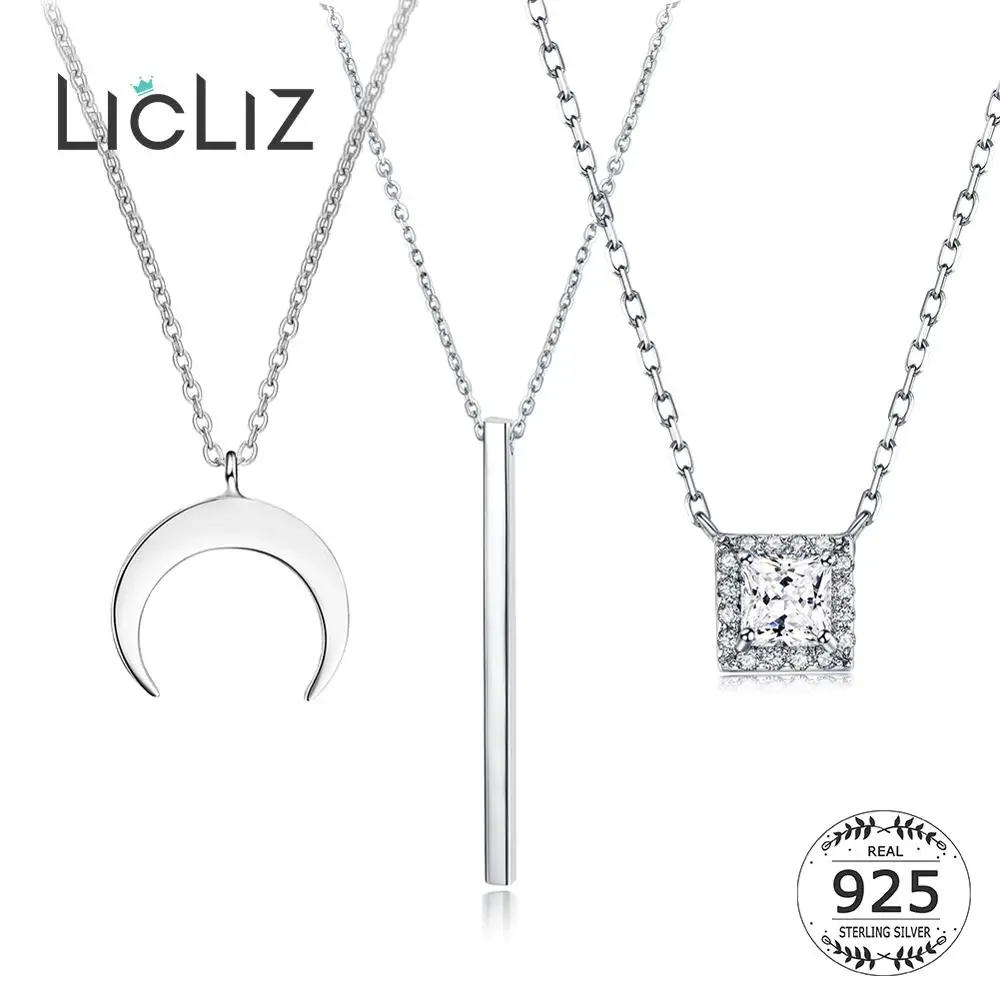 

LicLiz 925 Sterling Silver Moon Bar Chocker Pendant Necklace for Women Square Zircon Diamond Long Link Chain Jewelry LN0192A
