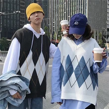 Осенний свитер мужской модный ретро повседневный Алмазный клетчатый вязаный жилет мужской уличная дикая свободная пара свитер без рукавов мужской