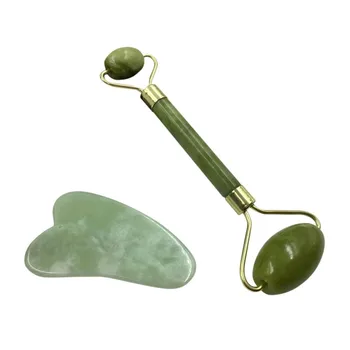 

2 in 1 Green Roller Tools Set by Natural Jade Scraper Massager with Stones for Face Neck Back and Jawline